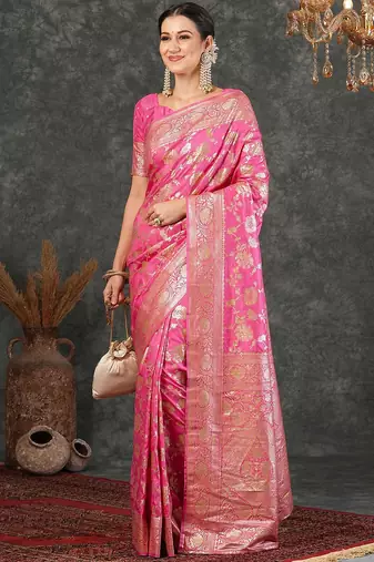 Pink women printed jacquard saree