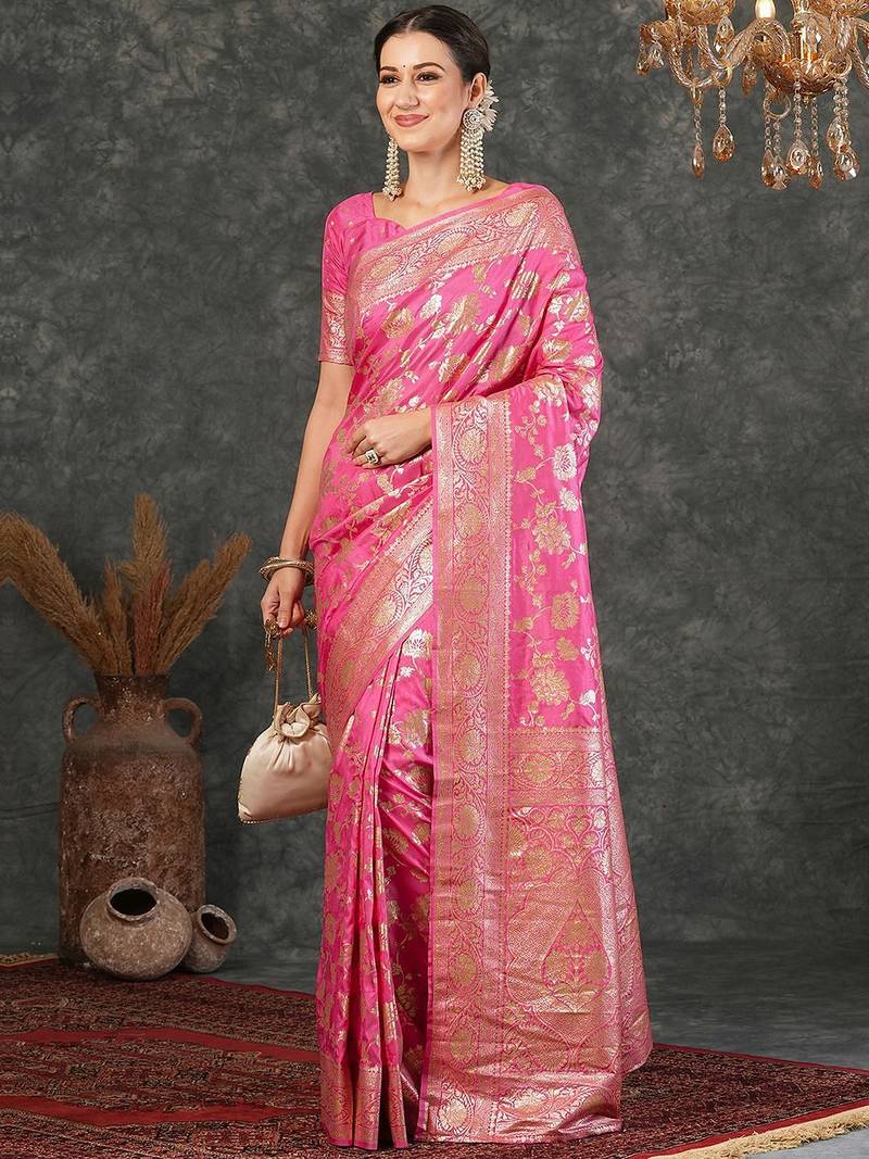 Pink women printed jacquard saree
