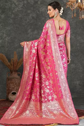 Pink women printed jacquard saree