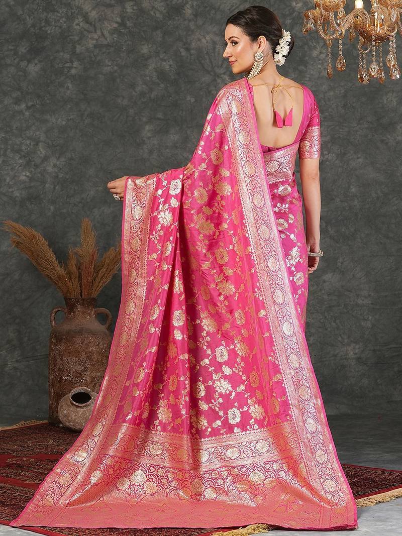 Pink women printed jacquard saree