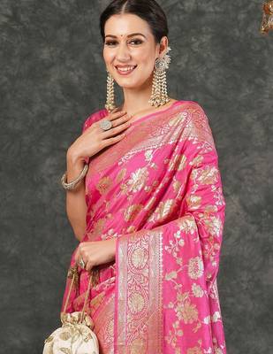 Pink women printed jacquard saree 4