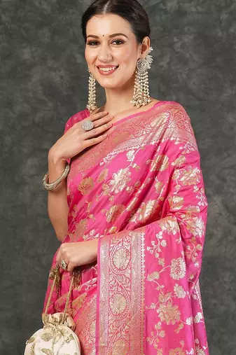 Pink women printed jacquard saree