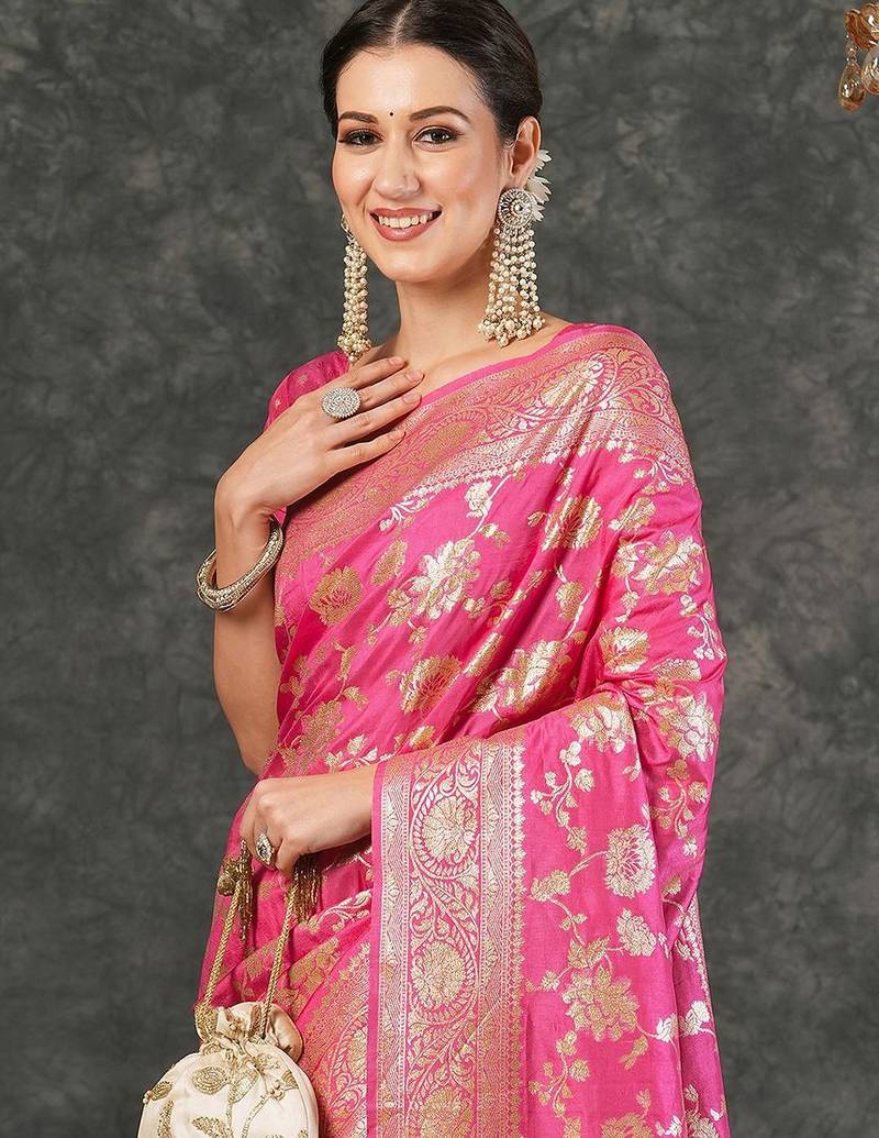 Pink women printed jacquard saree