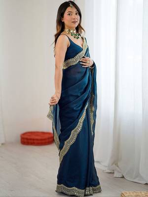 Blue sequins embroidery saree with blouse piece 1