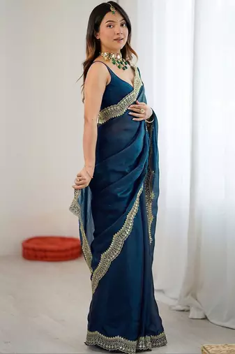 Blue sequins embroidery saree with blouse piece