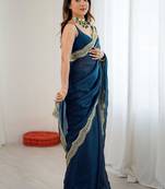 Blue sequins embroidery saree with blouse piece