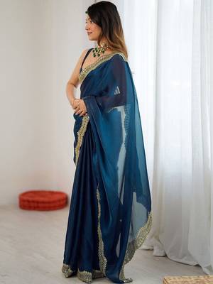 Blue sequins embroidery saree with blouse piece 2