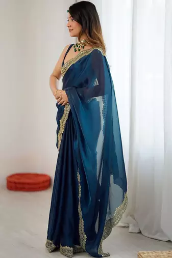 Blue sequins embroidery saree with blouse piece