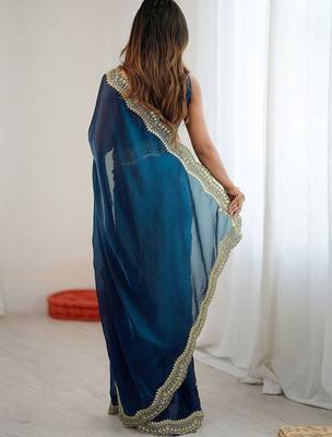Blue sequins embroidery saree with blouse piece 3