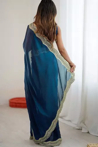 Blue sequins embroidery saree with blouse piece