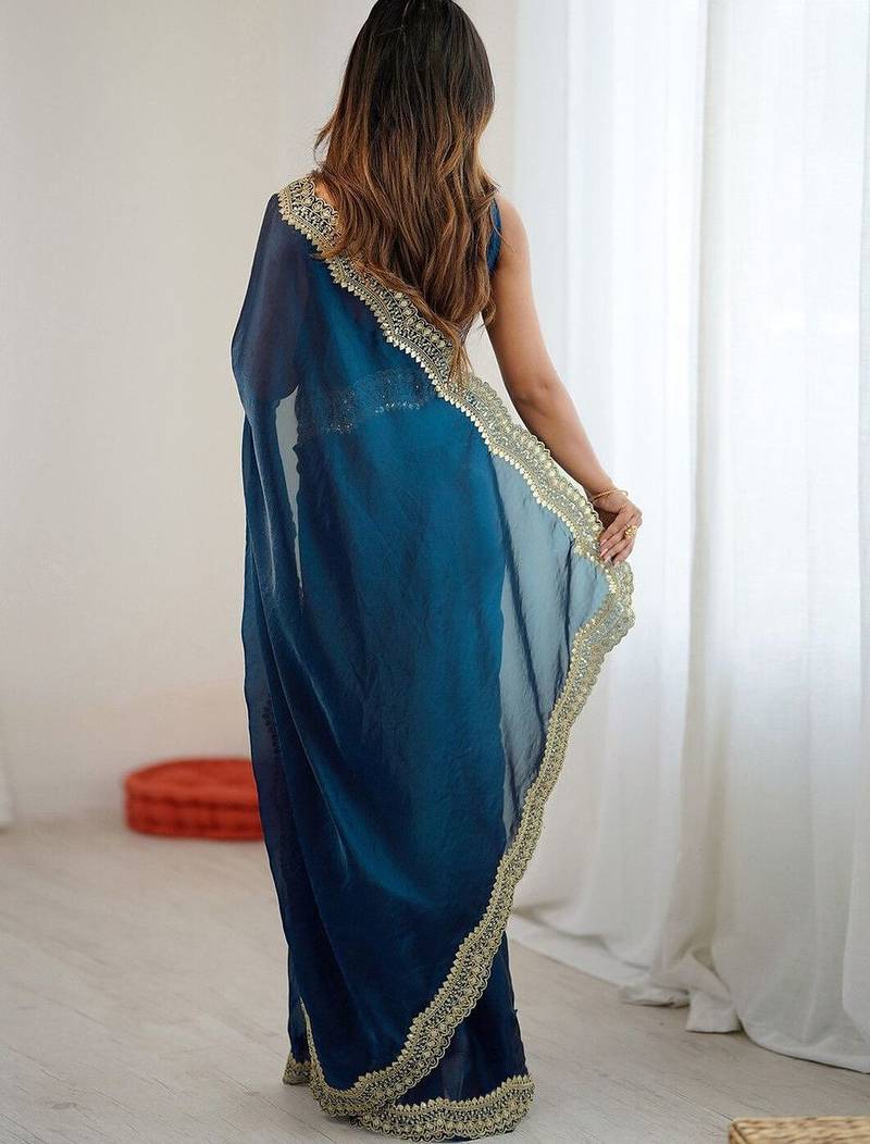 Blue sequins embroidery saree with blouse piece