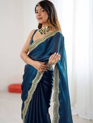 Blue sequins embroidery saree with blouse piece 4
