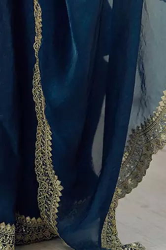 Blue sequins embroidery saree with blouse piece