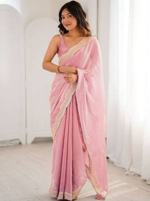 Pink sequins embroidery saree with blouse piece 1