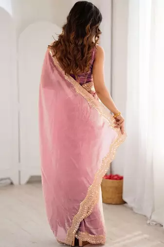 Pink sequins embroidery saree with blouse piece