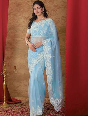 Blue embellished embroidered net heavy work saree 1