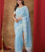 Blue embellished embroidered net heavy work saree