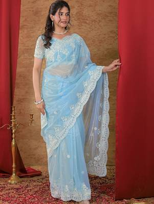 Blue embellished embroidered net heavy work saree 2