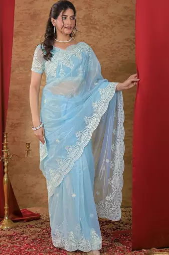 Blue embellished embroidered net heavy work saree