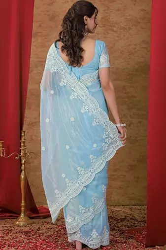 Blue embellished embroidered net heavy work saree