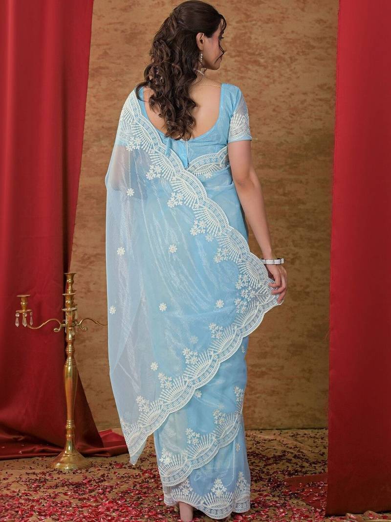 Blue embellished embroidered net heavy work saree