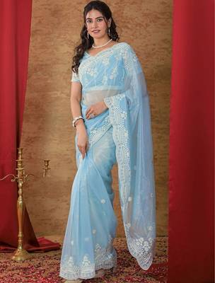 Blue embellished embroidered net heavy work saree 5