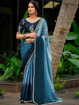 Blue embellished embroidered tissue heavy work saree 1