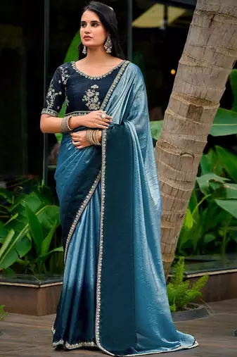 Blue embellished embroidered tissue heavy work saree