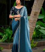 Blue embellished embroidered tissue heavy work saree