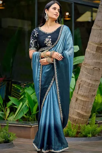Blue embellished embroidered tissue heavy work saree