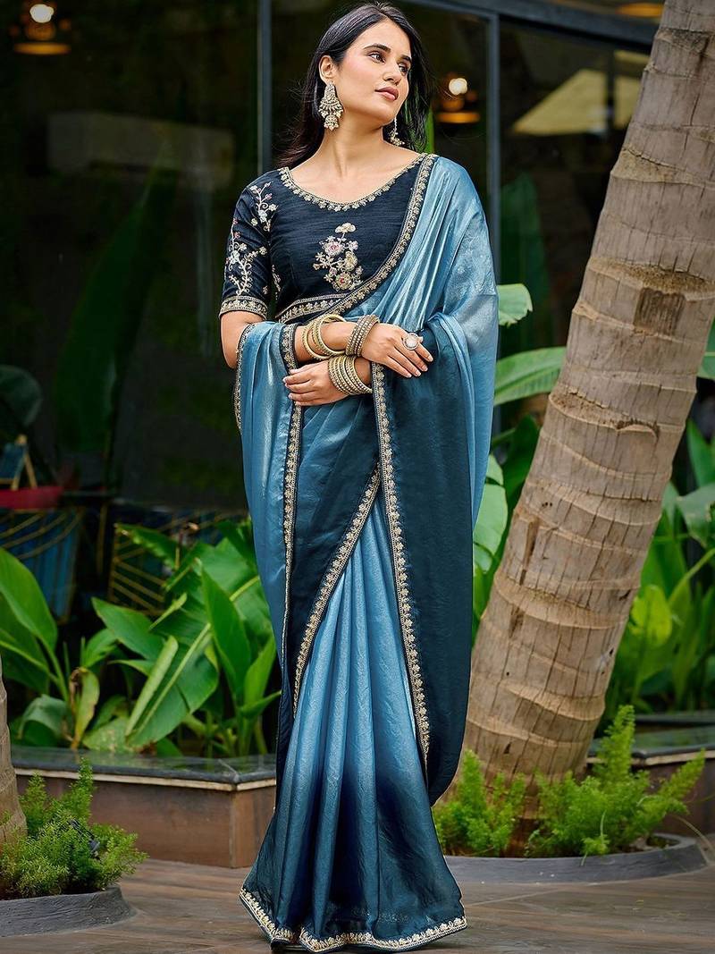 Blue embellished embroidered tissue heavy work saree