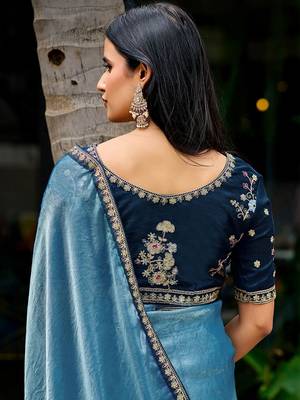 Blue embellished embroidered tissue heavy work saree 3