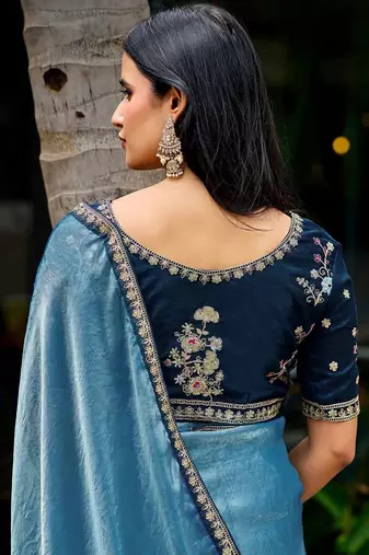 Blue embellished embroidered tissue heavy work saree
