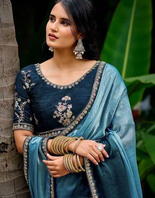 Blue embellished embroidered tissue heavy work saree 4