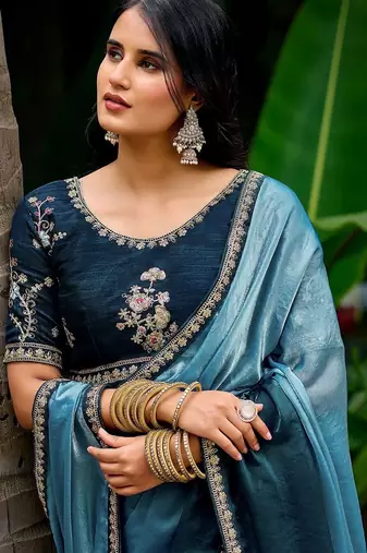 Blue embellished embroidered tissue heavy work saree