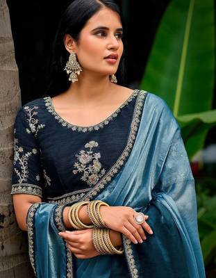 Blue embellished embroidered tissue heavy work saree 5