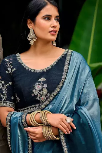Blue embellished embroidered tissue heavy work saree