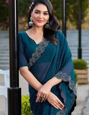 Blue womens  georgette embellished saree with unstiched blouse piece 1