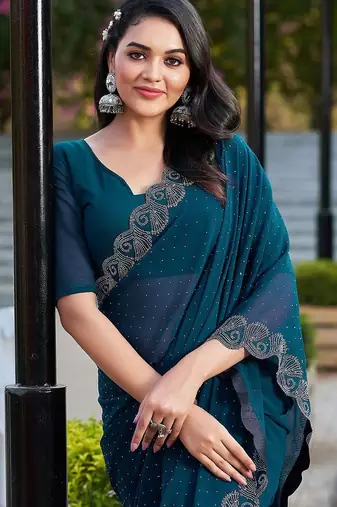 Blue womens  georgette embellished saree with unstiched blouse piece