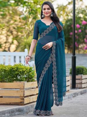 Blue womens  georgette embellished saree with unstiched blouse piece 2