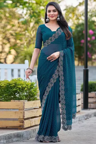 Blue womens  georgette embellished saree with unstiched blouse piece