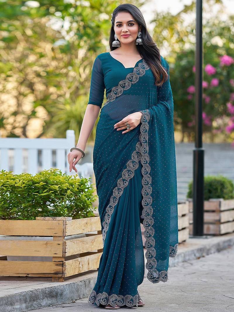 Blue womens  georgette embellished saree with unstiched blouse piece