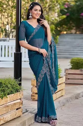 Blue womens  georgette embellished saree with unstiched blouse piece