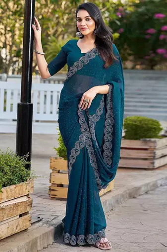 Blue womens  georgette embellished saree with unstiched blouse piece