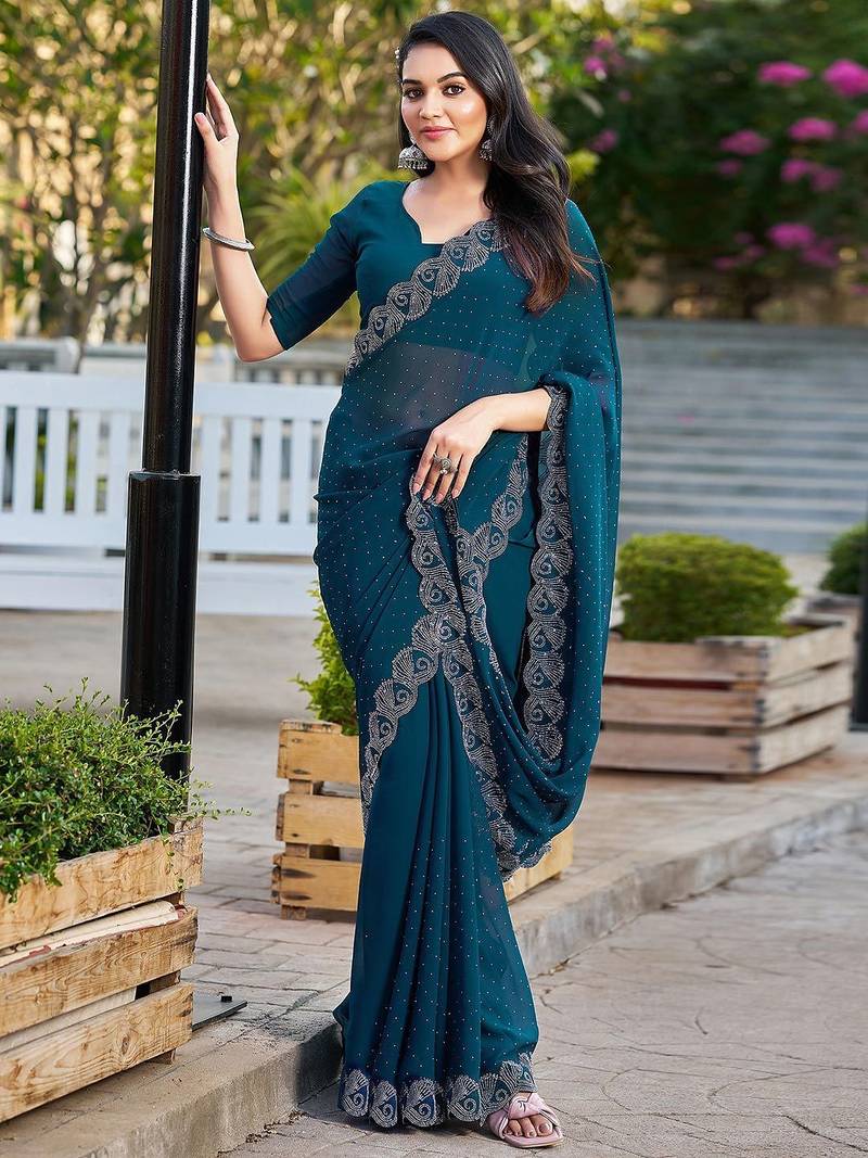 Blue womens  georgette embellished saree with unstiched blouse piece