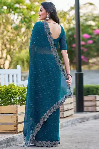 Blue womens  georgette embellished saree with unstiched blouse piece