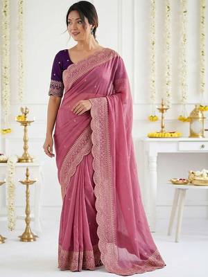 Pink ethnic motifs embroidered georgette saree with designer blouse 1
