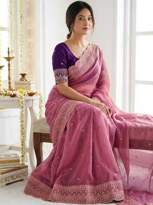 Pink ethnic motifs embroidered georgette saree with designer blouse 2