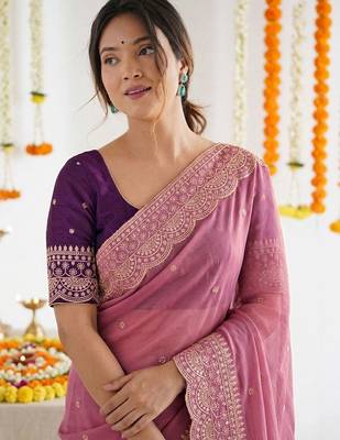 Pink ethnic motifs embroidered georgette saree with designer blouse 3