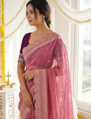 Pink ethnic motifs embroidered georgette saree with designer blouse 4